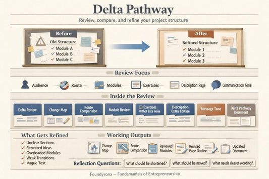 An infographic titled 'Delta Pathway' explaining project structure review and refinement, with before-and-after board comparisons, a review focus section, and working outputs listed at the bottom.
