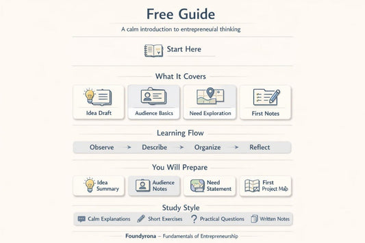 A digital preview of a 'Free Guide' titled 'A calm introduction to entrepreneurial thinking' on a light cream background. The guide outlines study topics like 'What It Covers' (Idea Draft, Audience Basics, Need Exploration, First Notes), 'Learning Flow' (Observe, Describe, Organize, Reflect), 'You Will Prepare' (Idea Summary, Audience Notes, Need Statement, First Project Map), and 'Study Style'.