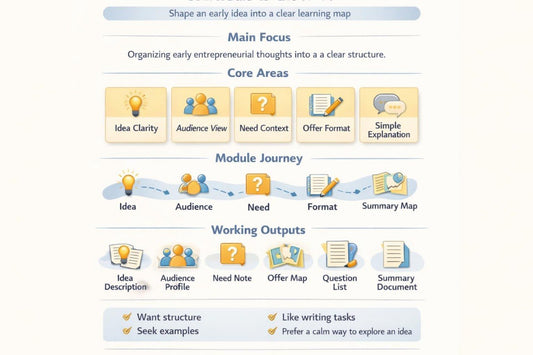 An infographic-style diagram with headings and icons explaining how to shape an early idea into a clear learning map, including sections for Main Focus, Core Areas, Module Journey, and Working Outputs.