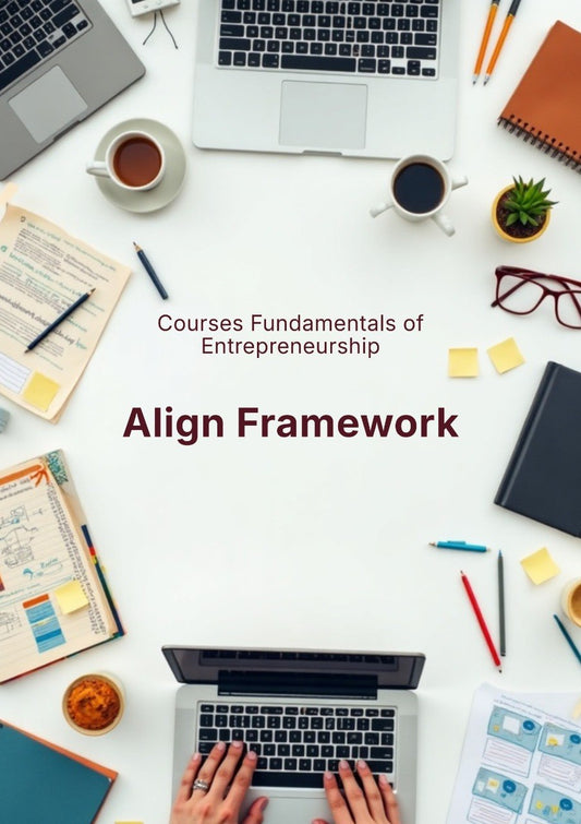 Top-down flat lay of a desk with laptops, notebooks, pens, coffee cups, glasses, sticky notes, and hands typing, centered around the text 'Courses Fundamentals of Entrepreneurship' and 'Anchor Blueprint'.