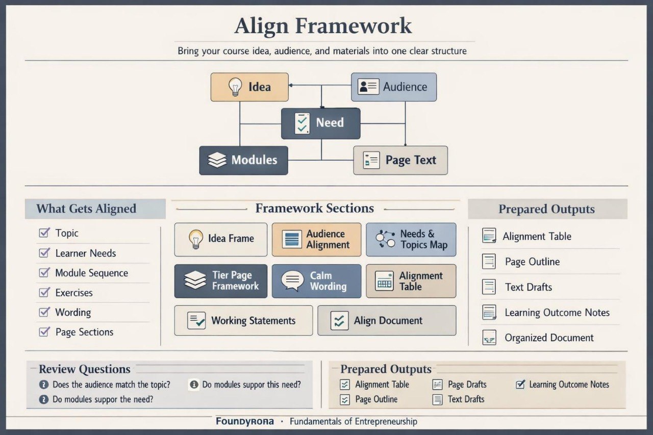 A digital infographic titled 'Align Framework' explaining how to structure a course or business plan, with boxes, arrows, and lists on a light beige background. The brand 'Fountoyna' is visible at the bottom.