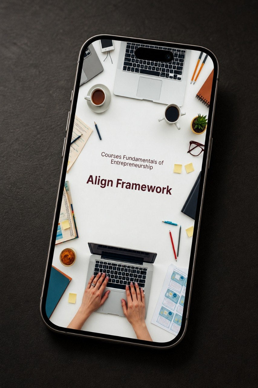 A smartphone lying on a dark surface, displaying a course or app interface titled 'Align Framework' with a desk scene on the screen. No person is physically present in the photographed scene outside the phone, so this is best classified as Product/Packaging rather than Lifestyle.