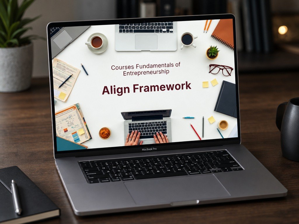 A silver laptop on a wooden desk displaying a course cover titled 'Align Framework' from 'Courses Fundamentals of Entrepreneurship'. The scene is styled with office props like notebooks, a coffee mug, and glasses in a warm, blurred background.