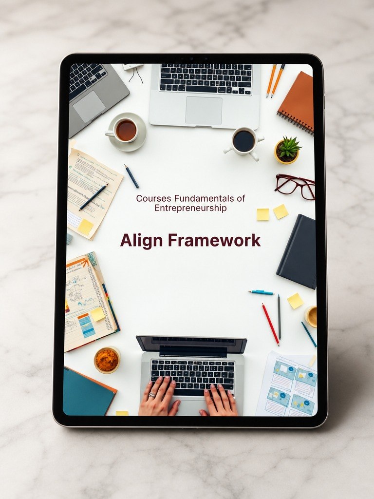 A tablet device lying on a light marble surface, displaying a course cover titled "Align Framework" with the subtitle "Courses Fundamentals of Entrepreneurship." The screen artwork shows a styled desk scene with laptops, notebooks, coffee cups, glasses, and hands typing.