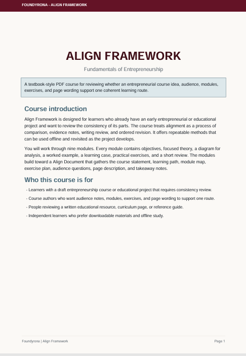 A document page titled 'ALIGN FRAMEWORK' with the subtitle 'Fundamentals of Entrepreneurship' on a white page, featuring black text and a light blue highlighted box near the top.