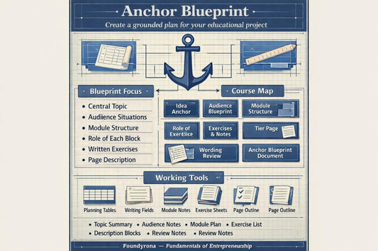 An educational poster titled 'Anchor Blueprint' with a navy and cream color scheme, featuring diagrams, icons, and text blocks about creating a grounded plan for an educational project.