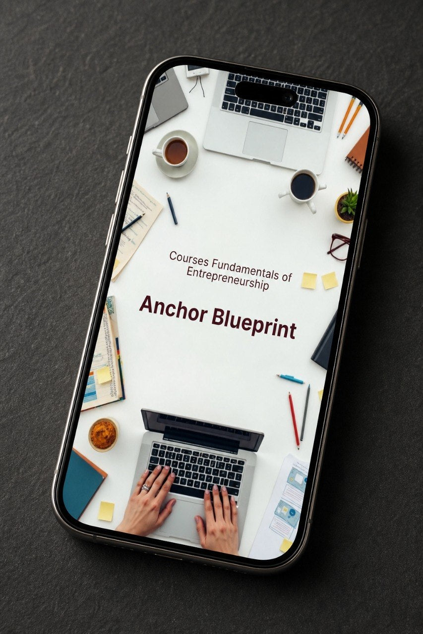 A smartphone lying on a dark textured surface, displaying a course cover titled "Anchor Blueprint" with a top-down desk scene featuring laptops, coffee cups, sticky notes, and hands typing.