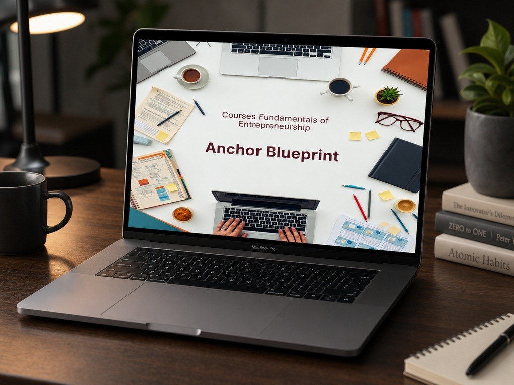 An open silver laptop sits on a wooden desk, displaying a course cover titled 'Courses Fundamentals of Entrepreneurship' and 'Anchor Blueprint' on the screen. The desk is styled with a lamp, coffee cups, notebooks, books, and a small plant in a warm, cozy setting.