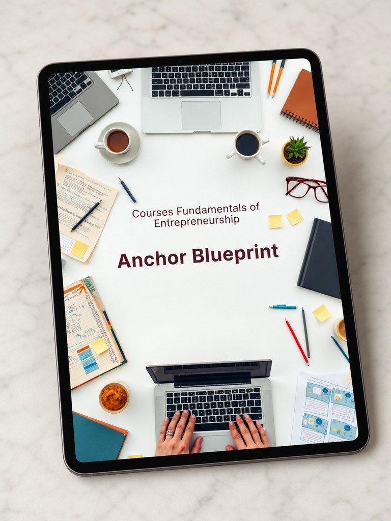 A tablet device lying on a light marble surface, displaying a digital cover design for a course titled "Courses Fundamentals of Entrepreneurship: Anchor Blueprint." The screen shows a styled desk scene with laptops, notebooks, pens, coffee cups, glasses, and hands typing.