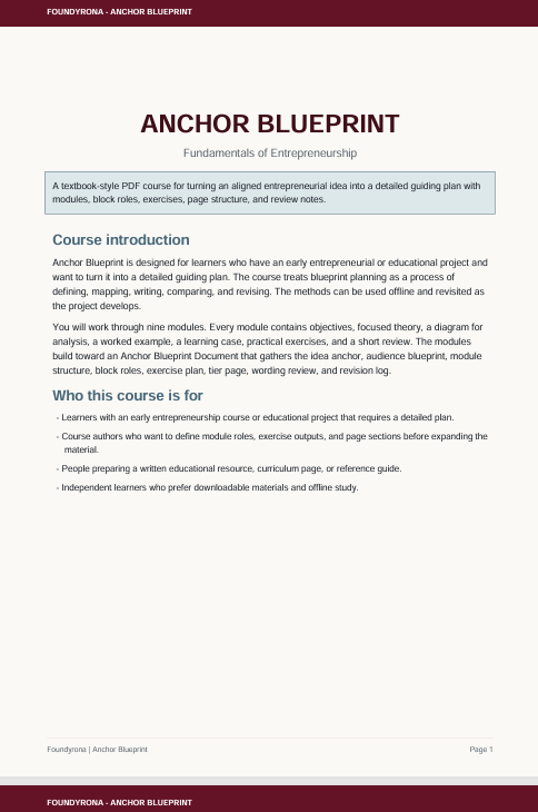 A digital preview of a PDF course document titled 'ANCHOR BLUEPRINT: Fundamentals of Entrepreneurship' from Foundations / Anchor Blueprint, showing the course introduction page on a white background with a dark maroon header and footer.