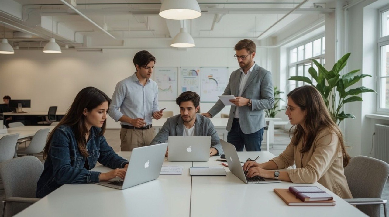 A group of five colleagues collaborating in a bright, modern office space, working around white tables with laptops and documents.