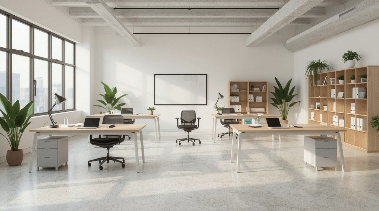 A bright, modern open-plan office space with multiple light wood desks, black office chairs, shelving units, potted plants, and large windows with a city view.