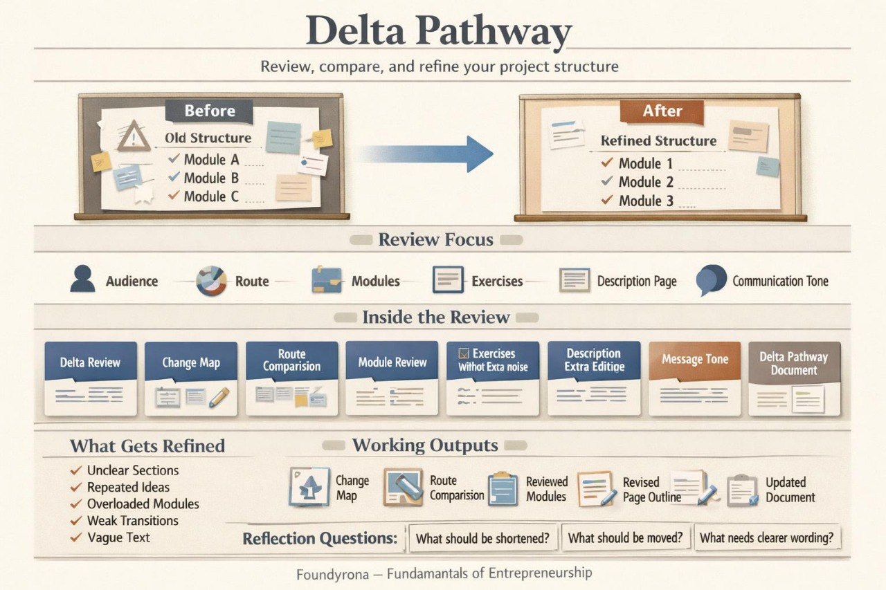 An infographic titled 'Delta Pathway' explaining project structure review and refinement, with before-and-after board comparisons, a review focus section, and working outputs listed at the bottom.