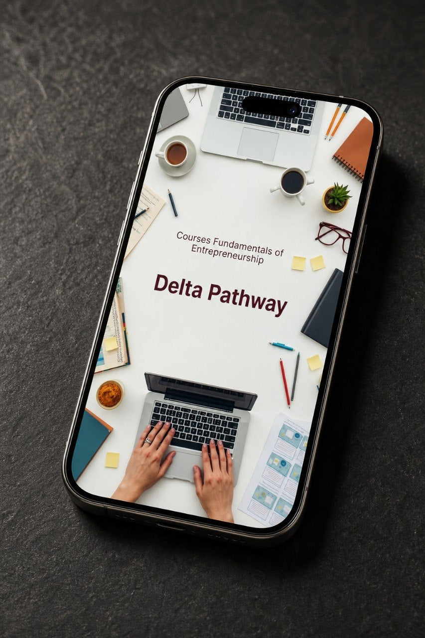 A smartphone lying on a dark textured surface, displaying a digital course cover titled 'Delta Pathway' with office-themed icons and hands typing on a laptop on the screen.