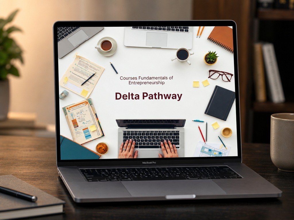 An open laptop on a wooden desk displaying a digital course preview titled 'Delta Pathway' with a flat-lay workspace scene on the screen. The room background is softly blurred with books, a plant, and mugs.