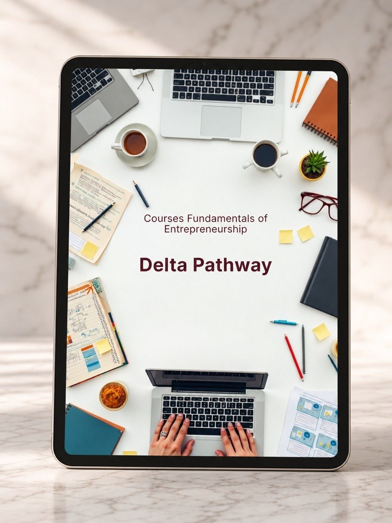 A tablet device standing upright on a light marble surface, displaying a digital cover design for a course titled "Delta Pathway" with the subtitle "Courses Fundamentals of Entrepreneurship." The screen shows a styled flat-lay workspace scene with laptops, notebooks, pens, coffee cups, sticky notes, and glasses.