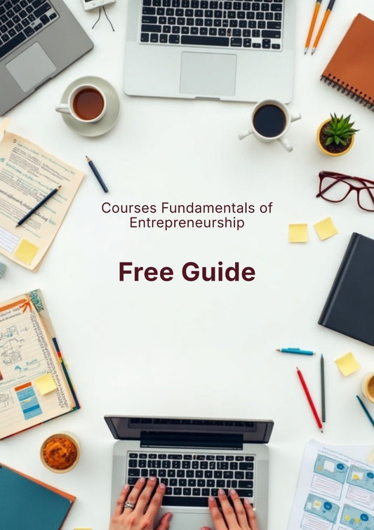 Top-down flat lay of a white desk with laptops, notebooks, pens, coffee cups, glasses, sticky notes, and hands typing, with centered text reading 'Courses Fundamentals of Entrepreneurship' and 'Free Guide'.