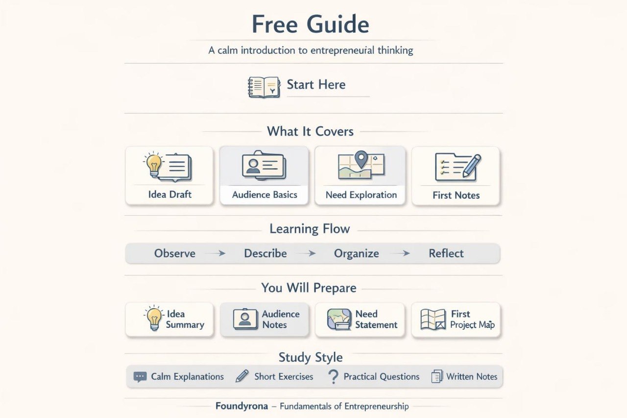 A digital preview of a 'Free Guide' titled 'A calm introduction to entrepreneurial thinking' on a light cream background. The guide outlines study topics like 'What It Covers' (Idea Draft, Audience Basics, Need Exploration, First Notes), 'Learning Flow' (Observe, Describe, Organize, Reflect), 'You Will Prepare' (Idea Summary, Audience Notes, Need Statement, First Project Map), and 'Study Style'.