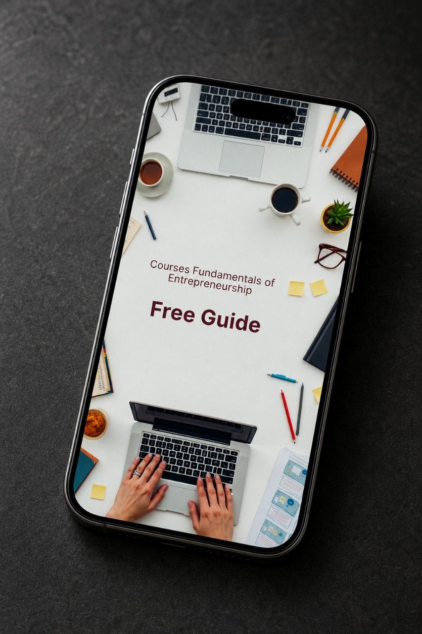 A smartphone lying on a dark textured surface, displaying a digital cover for a free entrepreneurship guide with laptops, coffee cups, sticky notes, and hands typing on a keyboard.