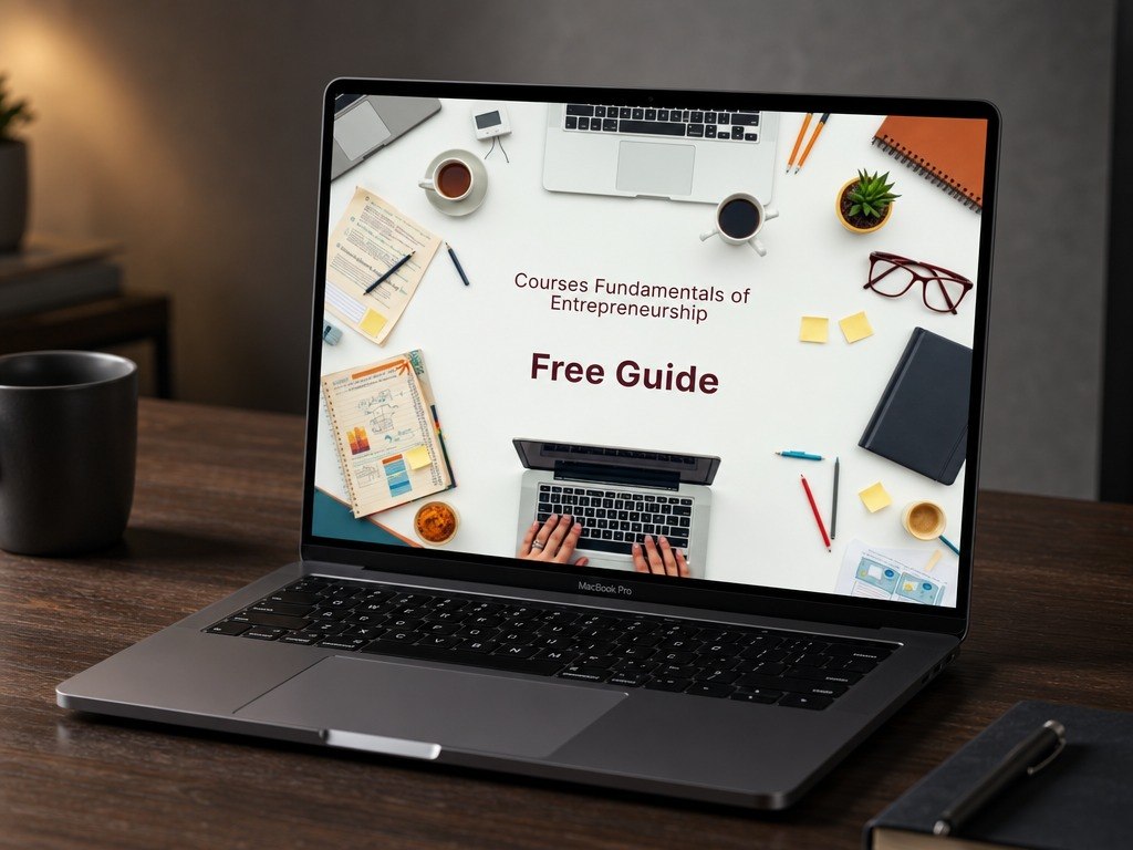 An open laptop on a wooden desk displaying a digital course cover titled 'Courses Fundamentals of Entrepreneurship Free Guide' with a flat-lay workspace design on the screen.