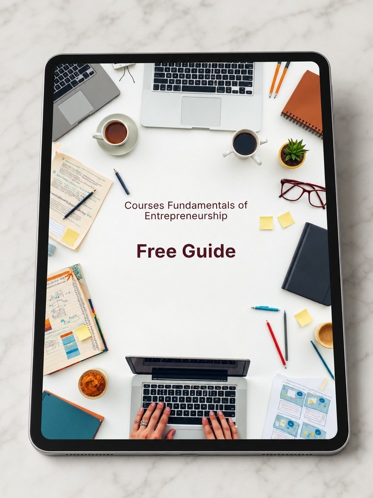 A tablet device lying on a light marble surface, displaying a digital cover design for a free guide titled 'Courses Fundamentals of Entrepreneurship Free Guide.' The screen artwork shows a styled desk scene with laptops, coffee cups, notebooks, pens, sticky notes, glasses, and hands typing.