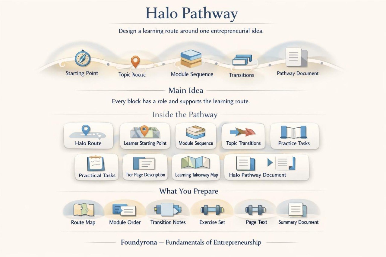 An infographic titled 'Halo Pathway' from Foundryrona, outlining a learning route for entrepreneurship. The diagram features icons and labels for Starting Point, Topic Music, Module Sequence, Transitions, and Pathway Document, with sections for Main Idea and What You Prepare.