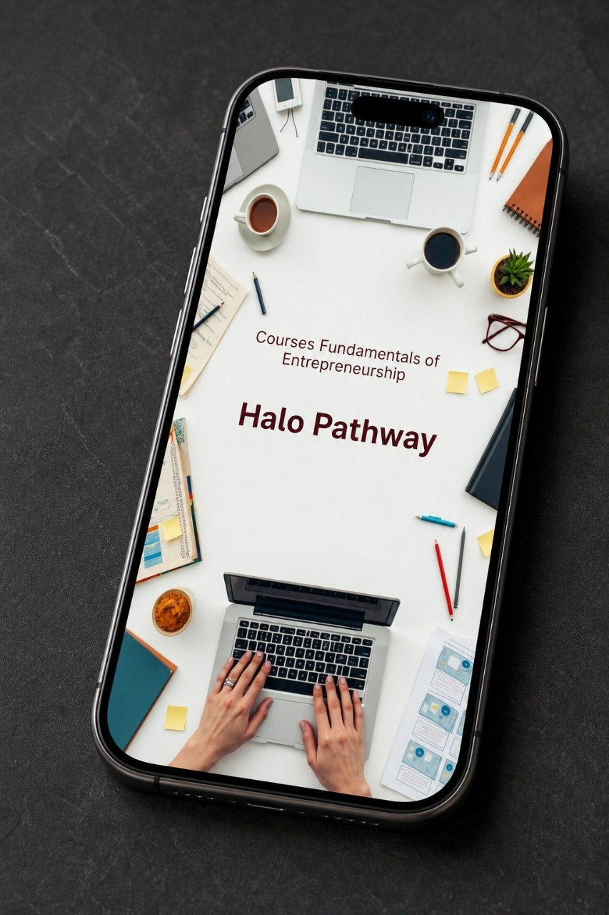 A smartphone lying on a dark textured surface, displaying a course cover for 'Halo Pathway' from the 'Fundamentals of Entrepreneurship' course. The screen shows a white background with laptop imagery and text, framed by the phone's black bezel.