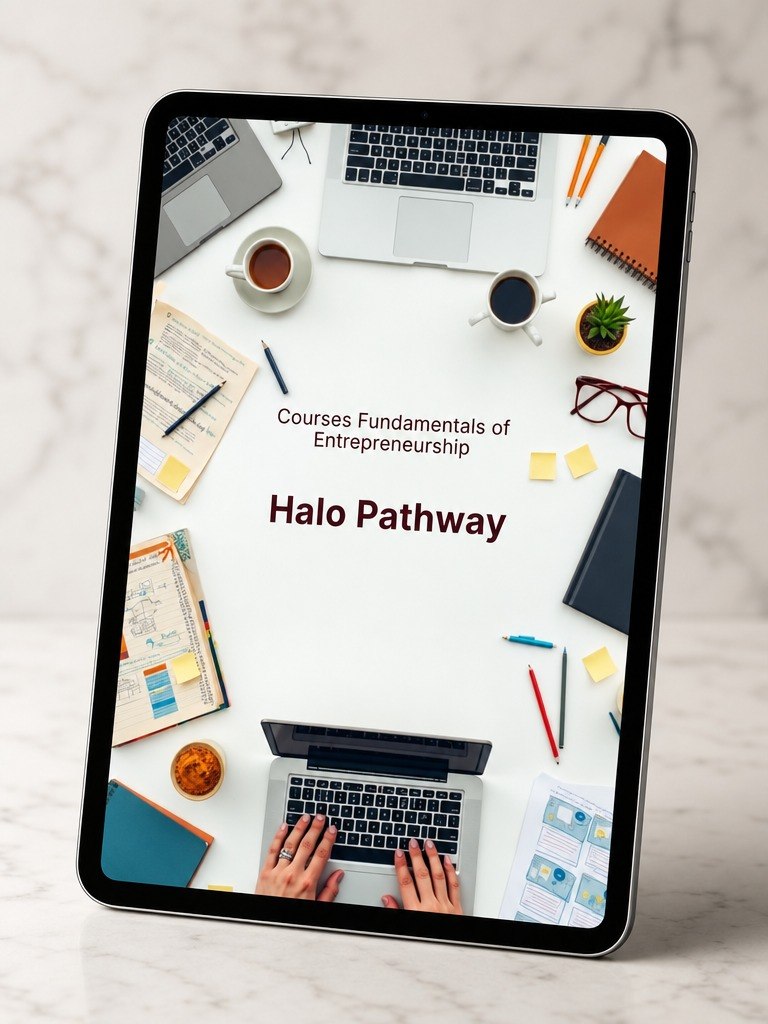 A tablet device displaying a digital course cover titled 'Courses Fundamentals of Entrepreneurship' and 'Halo Pathway,' shown on a light marble surface. The screen artwork includes a flat-lay workspace scene with laptops, coffee cups, notebooks, pens, sticky notes, and hands typing.