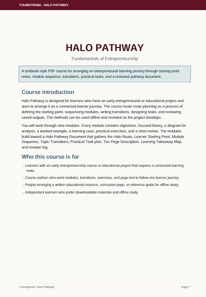 A text-based document page titled 'HALO PATHWAY' with the subtitle 'Fundamentals of Entrepreneurship' on a white background. The page includes headings such as course introduction and who this course is for, with body text in black and a light blue highlighted box.