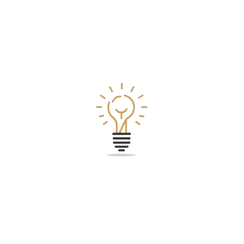 A minimalist lightbulb icon with a gold outline and radiating rays above a black striped base, centered on a plain white background.