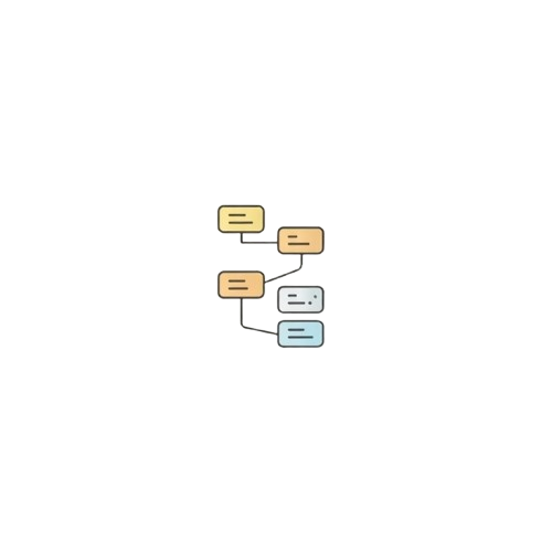 A minimalist vector diagram icon showing connected rectangular boxes in yellow, peach, light gray, and light blue on a plain white background.