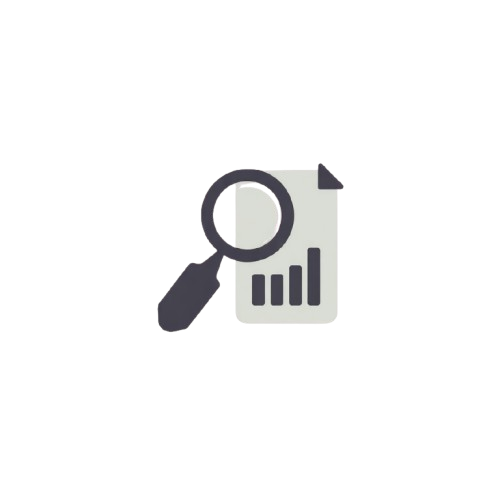 A minimalist dark gray icon showing a magnifying glass over a document with vertical bars, centered on a plain white background.