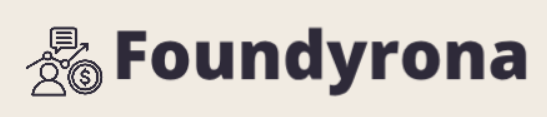 A logo featuring the word 'Foundyrona' in dark navy text next to an icon of a document, user profile, and dollar coin, all on a light beige background.