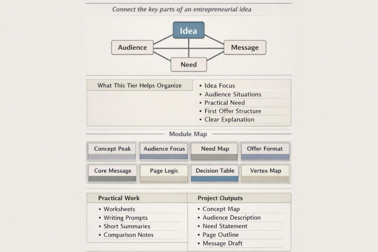 A digital graphic outlining an entrepreneurial idea mapping template, featuring a 'Connect the key parts of an entrepreneurial idea' flowchart and a 'Module Map' section with labeled boxes such as Concept Peak, Audience Focus, Need Map, and Offer Format, all on a light gray background.