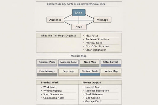 A digital graphic outlining an entrepreneurial idea mapping template, featuring a 'Connect the key parts of an entrepreneurial idea' flowchart and a 'Module Map' section with labeled boxes such as Concept Peak, Audience Focus, Need Map, and Offer Format, all on a light gray background.