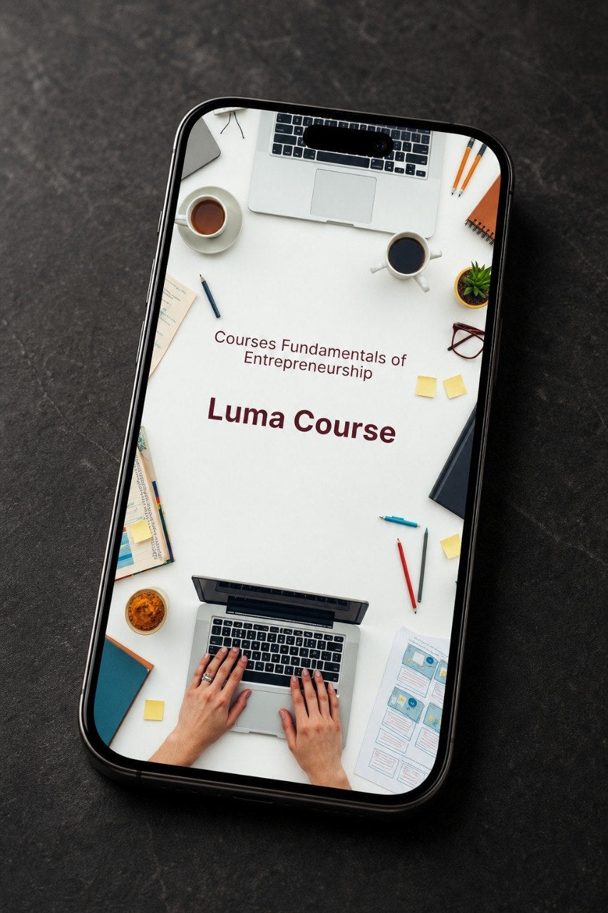 A smartphone lying on a dark textured surface, displaying a course cover titled "Luma Course" with the subtitle "Courses Fundamentals of Entrepreneurship." The phone screen shows a white workspace scene with laptops, coffee cups, sticky notes, and hands typing.