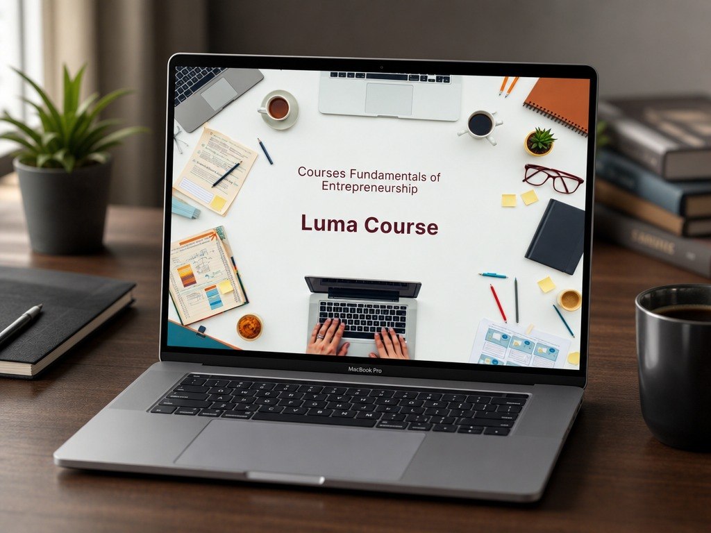 A silver laptop sits open on a wooden desk, displaying a course screen titled 'Luma Course' with a flat-lay workspace graphic. The scene includes a potted plant, stacked books, a notebook, and a coffee mug in a real indoor environment.