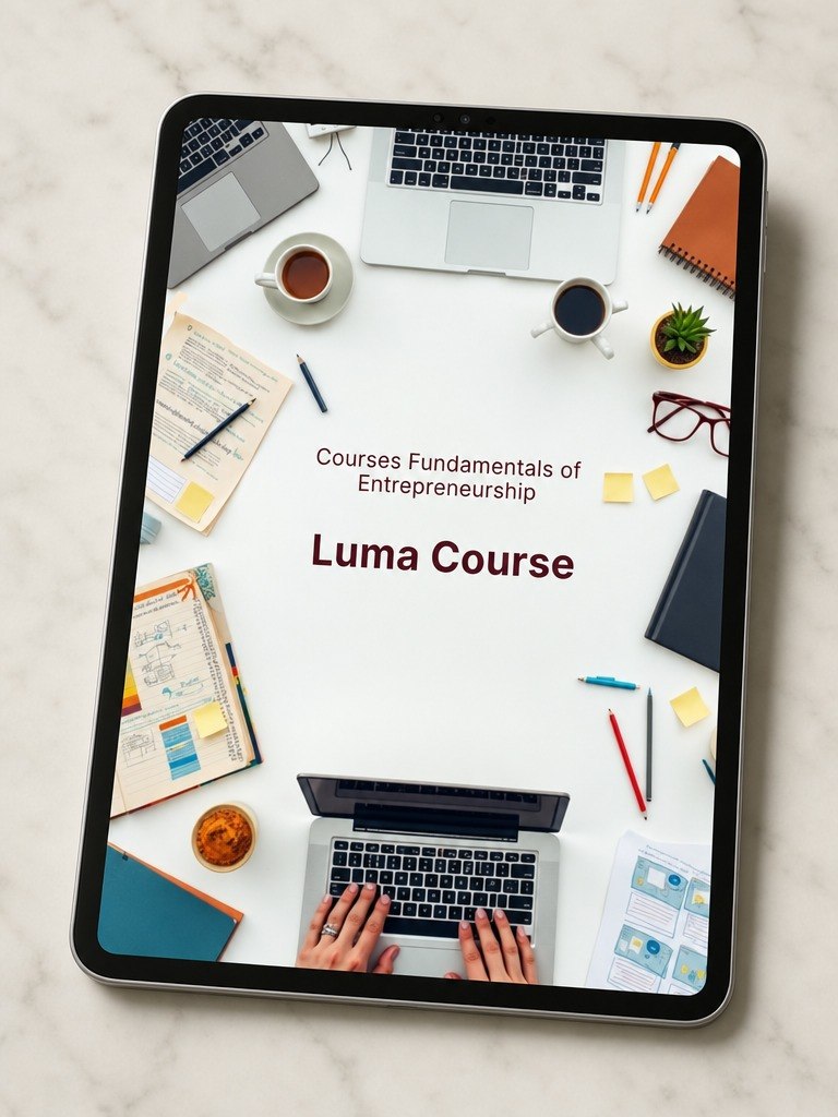 A tablet device lying on a light marble surface, displaying a course cover titled "Courses Fundamentals of Entrepreneurship" and "Luma Course" over a styled desk scene with laptops, notebooks, coffee cups, glasses, and pens.