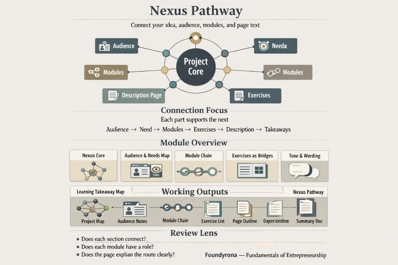 A digital infographic diagram titled 'Nexus Pathway' from 'Fundamentals of Entrepreneurship' showing a project core with audience, need, modules, description page, and exercises connected, along with module overview and working outputs sections.