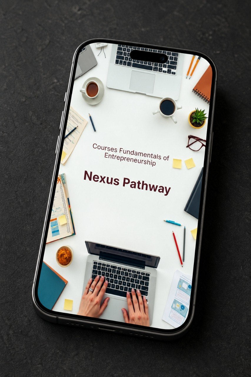 A smartphone lying on a dark textured surface, displaying a course cover titled "Nexus Pathway" with the subtitle "Courses Fundamentals of Entrepreneurship." The phone screen shows a white workspace scene with laptops, coffee cups, sticky notes, and hands typing.