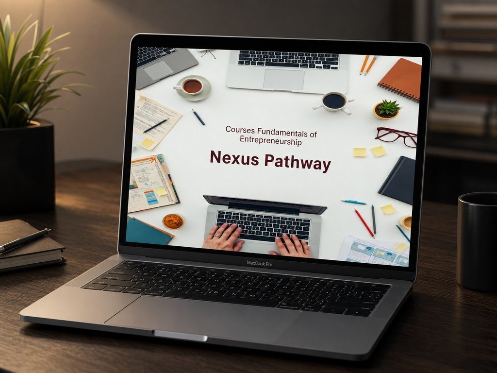 An open silver laptop on a wooden desk displaying a course graphic titled 'Nexus Pathway' from 'Courses Fundamentals of Entrepreneurship,' with a styled workspace scene on the screen and a plant and mug nearby.