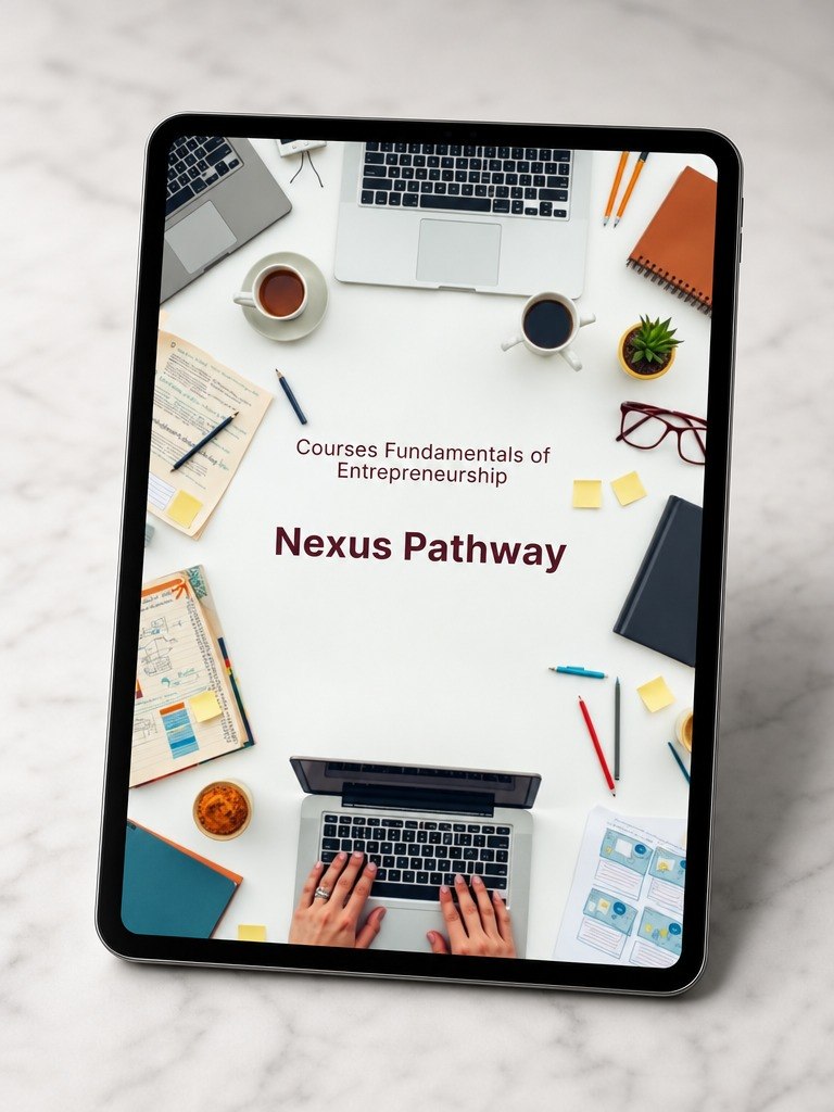 A tablet device displaying a digital course cover titled 'Nexus Pathway' for 'Courses Fundamentals of Entrepreneurship,' shown on a light marble surface with a styled flat-lay workspace scene on the screen.