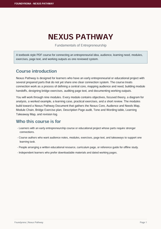 A digital document page titled 'NEXUS PATHWAY' with the subtitle 'Fundamentals of Entrepreneurship' on a white background, featuring course introduction text and bullet points.