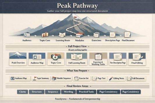A digital infographic titled 'Peak Pathway' showing a mountain diagram with a climbing path and labeled sections such as audience, topic core, learning route, modules, exercises, description page, and final document. It appears to be a presentation slide or educational diagram rather than a physical retail product photo.