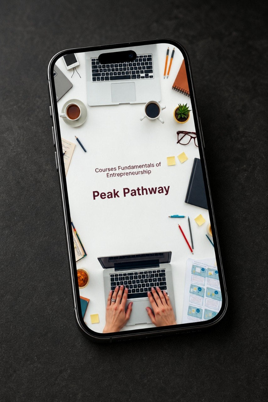 A smartphone lying on a dark textured surface, displaying a course cover titled 'Peak Pathway' with the subtitle 'Courses Fundamental of Entrepreneurship' over a flat-lay desk scene with laptops, coffee cups, sticky notes, and hands typing.