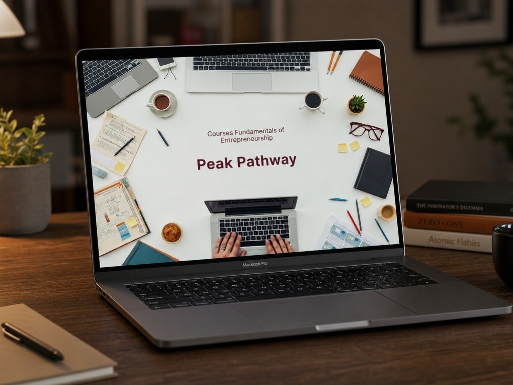 An open silver laptop on a wooden desk displaying a course cover titled 'Peak Pathway' in a home office setting with books, a plant, and coffee cups.