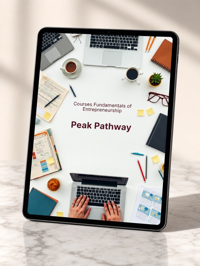 A tablet device standing upright on a light marble surface, displaying a digital course cover titled 'Peak Pathway' with the subtitle 'Courses Fundamentals of Entrepreneurship.' The screen artwork shows a white desk scene with laptops, coffee cups, notebooks, glasses, and hands typing.