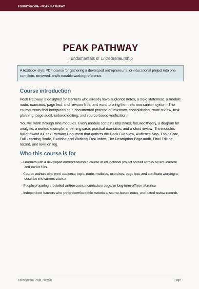 A document page titled 'PEAK PATHWAY' with the subtitle 'Fundamentals of Entrepreneurship' on a white background, containing course introduction text and bullet points.
