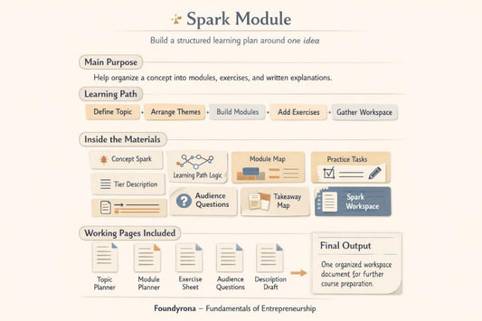 An infographic titled 'Spark Module' from Foundryora explains how to build a structured learning plan. It features a beige background with a series of rounded boxes showing steps and components like 'Main Purpose', 'Learning Path', 'Inside the Materials', and 'Working Pages Included'.