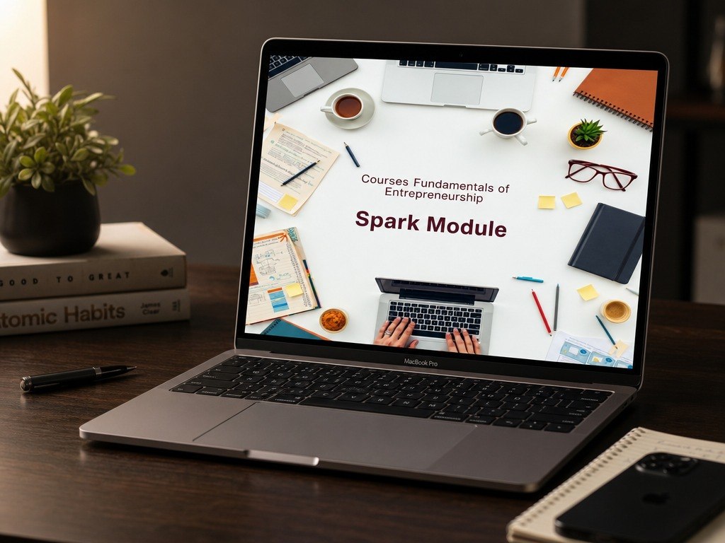 An open laptop on a wooden desk displaying a course screen titled 'Spark Module' under 'Courses Fundamentals of Entrepreneurship.' The scene includes books, a plant, a pen, and a notebook around it, suggesting a study or workspace environment.